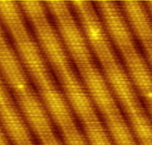 Scanning tunneling microscope image of individual gold atoms arranged in rows