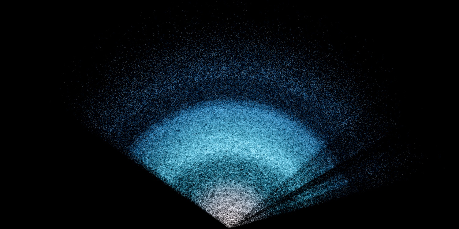 A DESI map of the universe: a fan-shaped wedge with each dot a galaxy, Earth at the apex, fanning out to show the cosmic web of large-scale structure