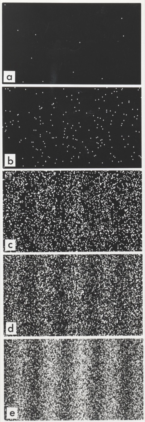 The Tonomura double-slit experiment: five frames a to e showing single electrons accumulating from scattered dots into interference fringes