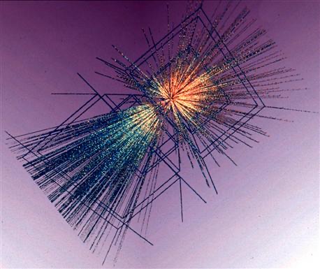A lead-ion collision recorded at CERN's NA49 experiment: a dense colourful spray of hundreds of particle tracks radiating from the collision point