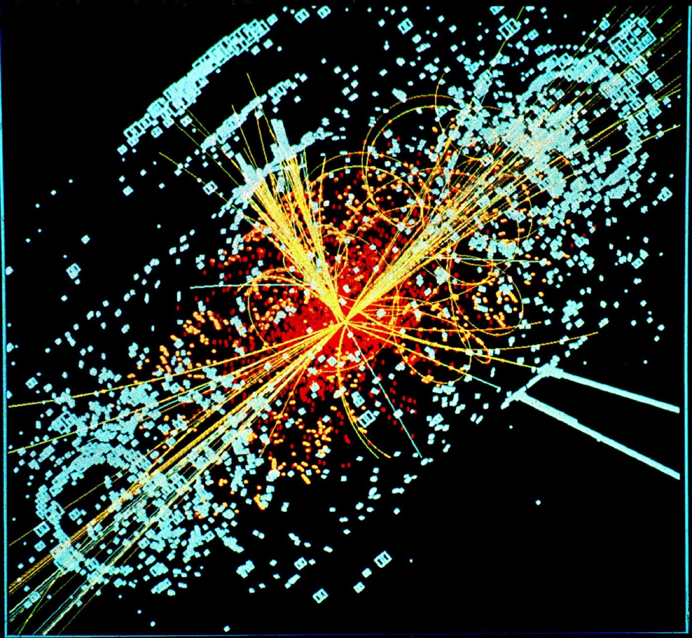 A reconstructed proton-proton collision event in the CMS detector at the LHC, a Higgs boson candidate, shown as colorful particle tracks radiating from the center