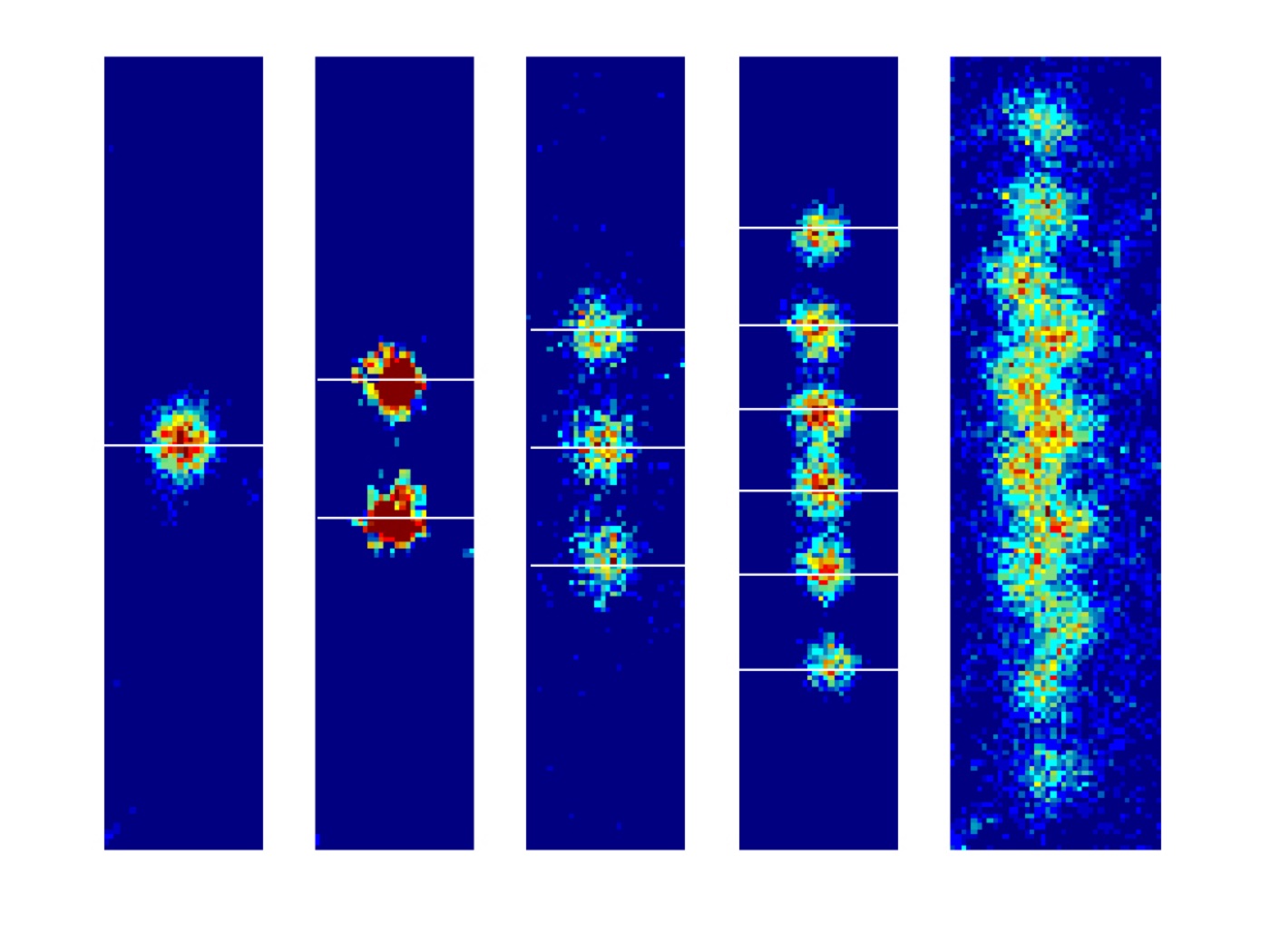 NIST fluorescence images of trapped magnesium ions: panels showing one, two, three, four and many individual atoms as discrete bright spots