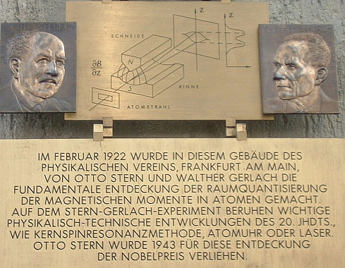 Memorial plaque in Frankfurt for the Stern-Gerlach experiment, with relief portraits of Stern and Gerlach and a diagram of the apparatus